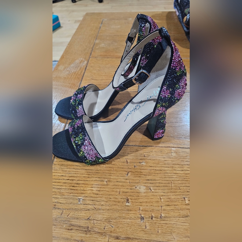Betsey Johnson Black Heels with Pink and Green Accents